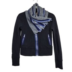 Free People Black Wool Sweater Jacket with Attached Stiped Scarf Women's XL